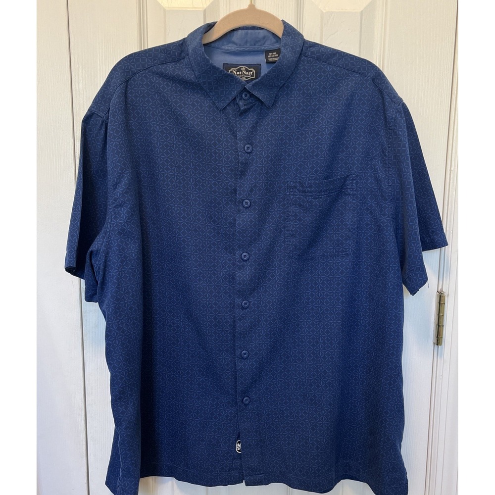 Nat Nast Silk Cotton Shirt Mens XL Blue Geometric Short Sleeve Button Up Luxury